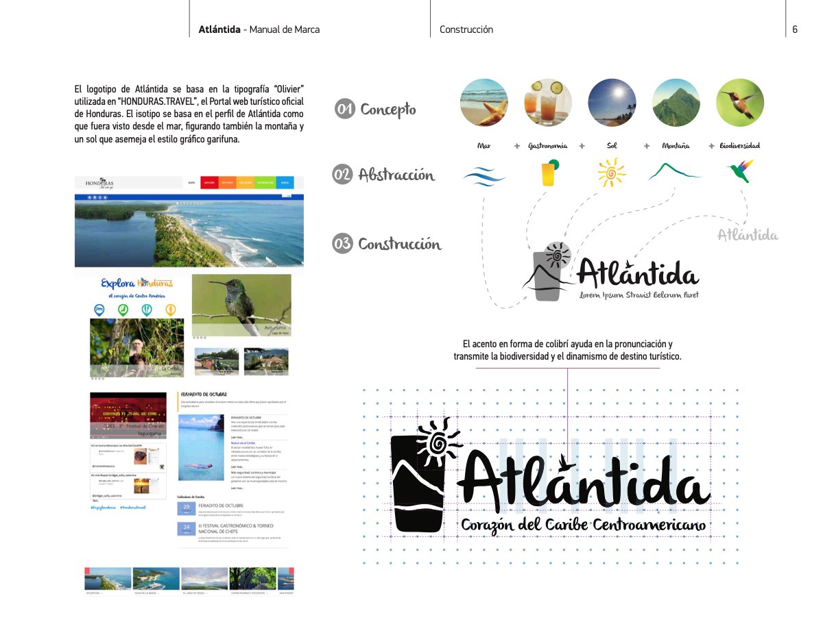 Page 6 of the Atlántida brand manual. Concept to construction: the department's coast, sun and landscape abstracted into the mark, then set on its grid.