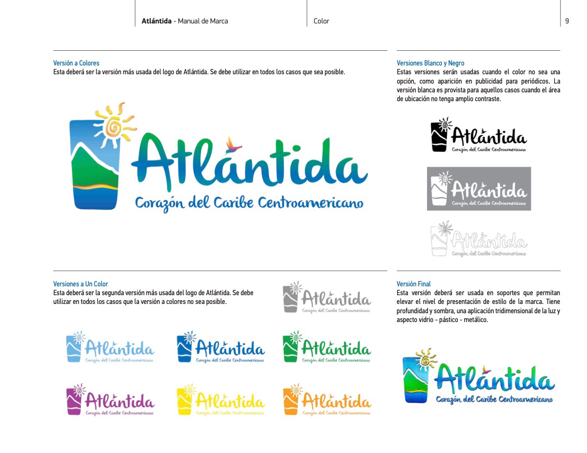 Page 9 of the Atlántida brand manual. The logo in colour, and its single-colour and greyscale versions.