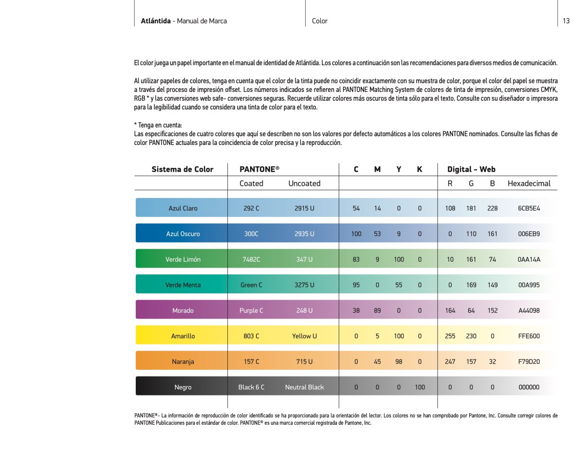 Page 13 of the Atlántida brand manual. The palette, with each colour's Pantone, CMYK, RGB and hexadecimal values.