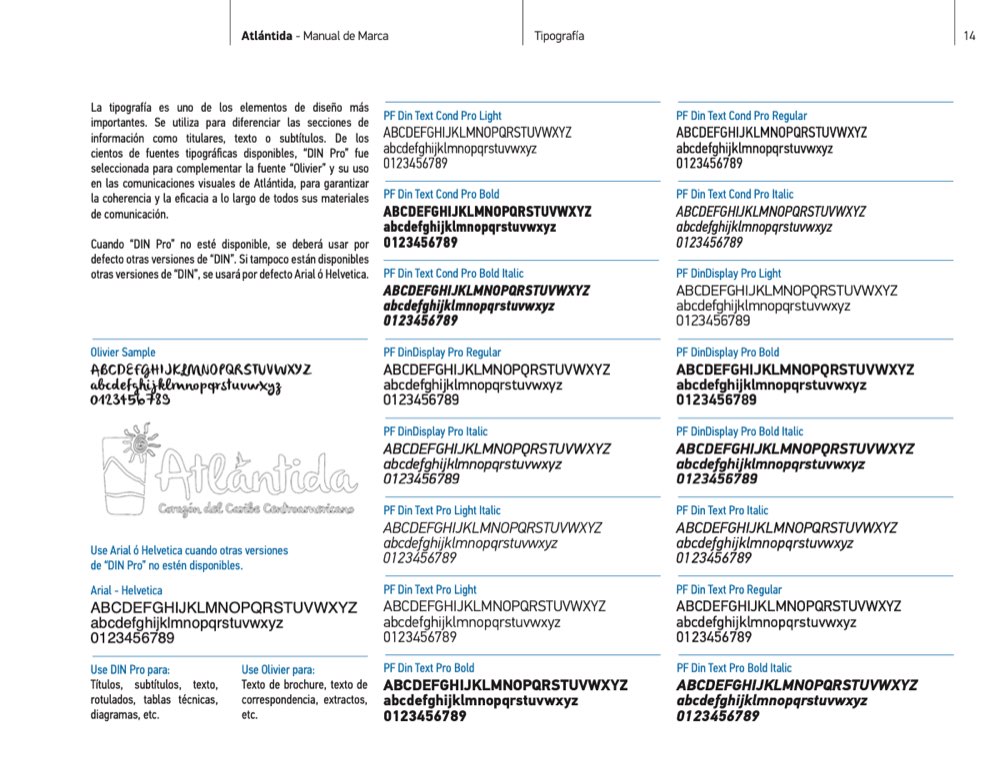Page 14 of the Atlántida brand manual. Typography: Olivier for headlines, DIN Pro for text, Arial or Helvetica where neither is available.