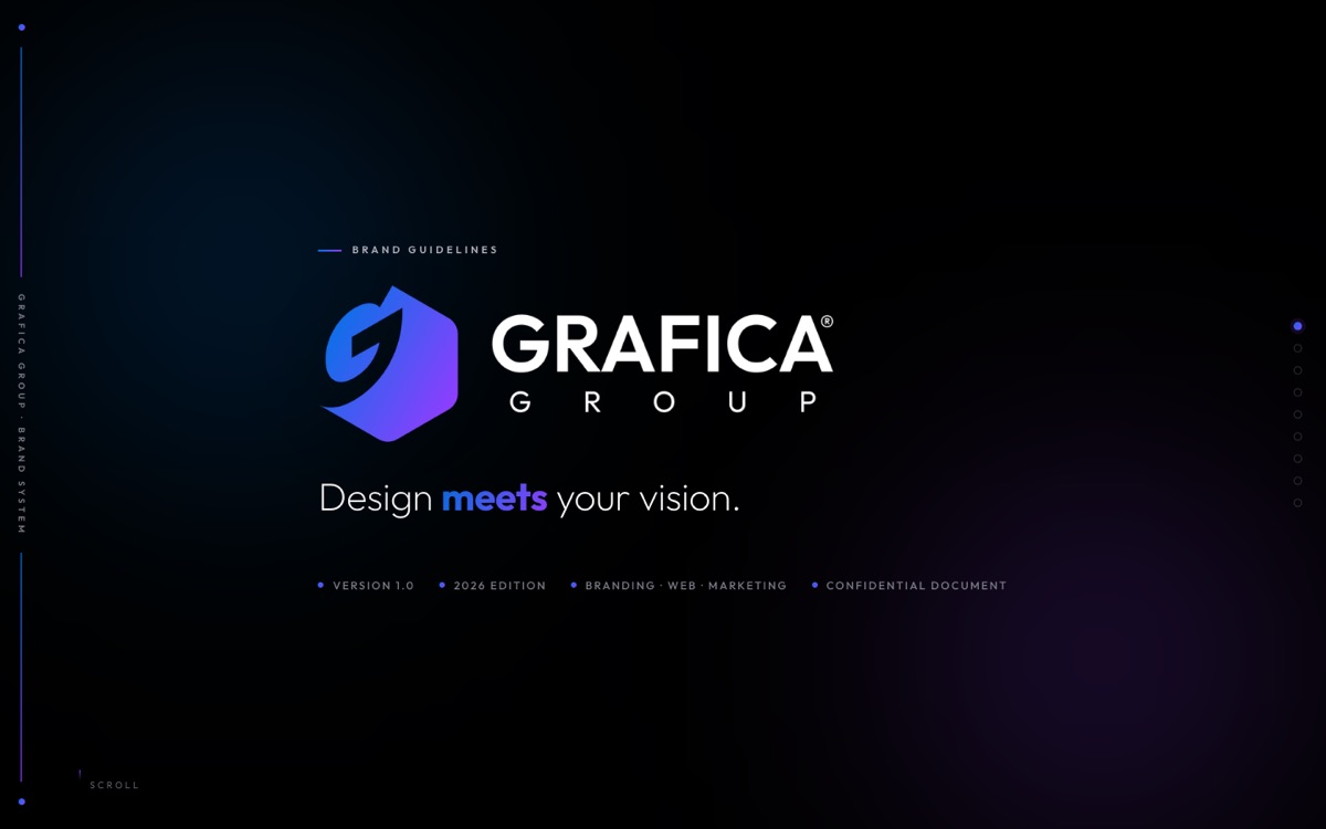 The cover of the Grafica Group brand guidelines: the isotype and wordmark on black, above the line “Design meets your vision.”