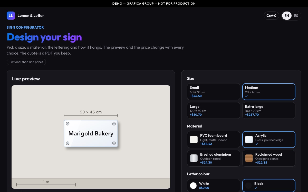 The Configure demo for Lumen & Letter, a fictional sign shop: a live preview of an acrylic sign beside the size and material options.