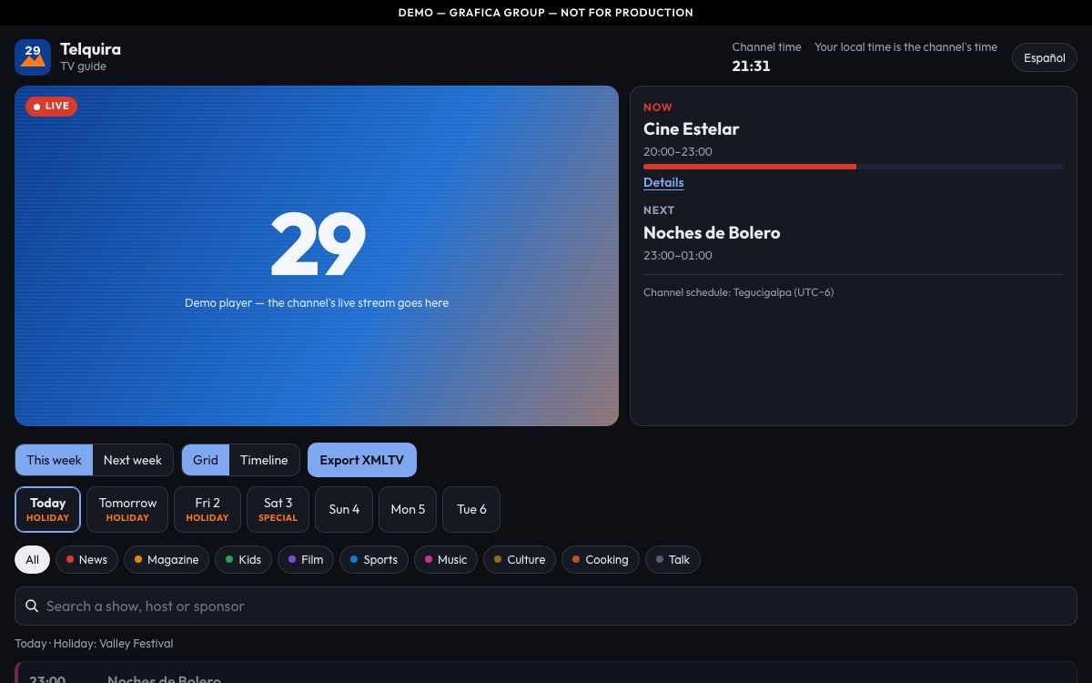 The Guía TV demo for Telquira, a fictional channel: the show on now and the one next beside a placeholder player, above the week's day tabs and genre filters.