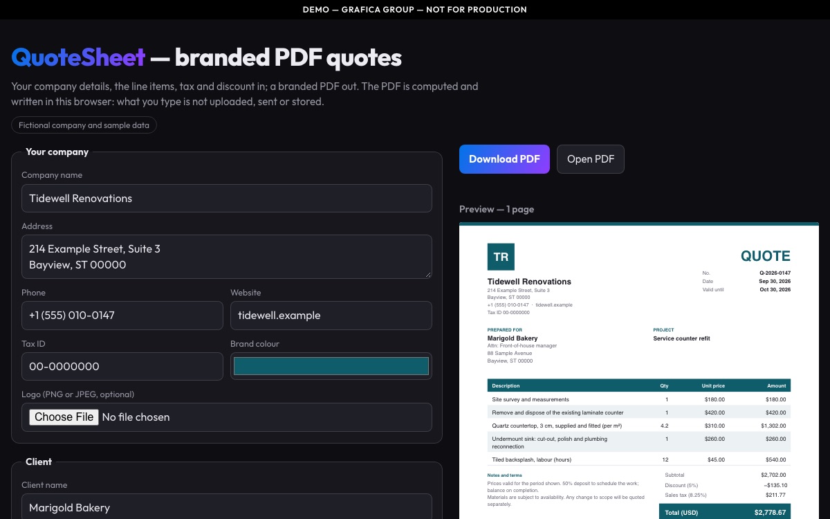 The QuoteSheet demo: a form with a fictional renovation company's details beside a live preview of its branded PDF quote.