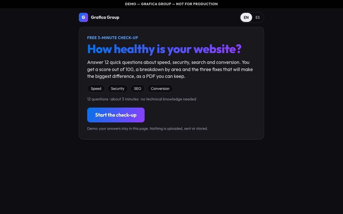 The ScoreCard demo's start screen: “How healthy is your website?”, twelve questions on speed, security, search and conversion.