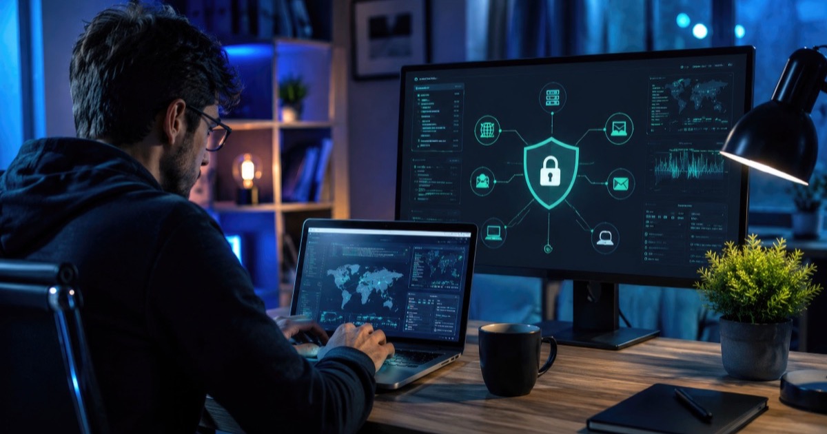 A man at a desk at night works on a laptop beside a monitor showing a shield and padlock.