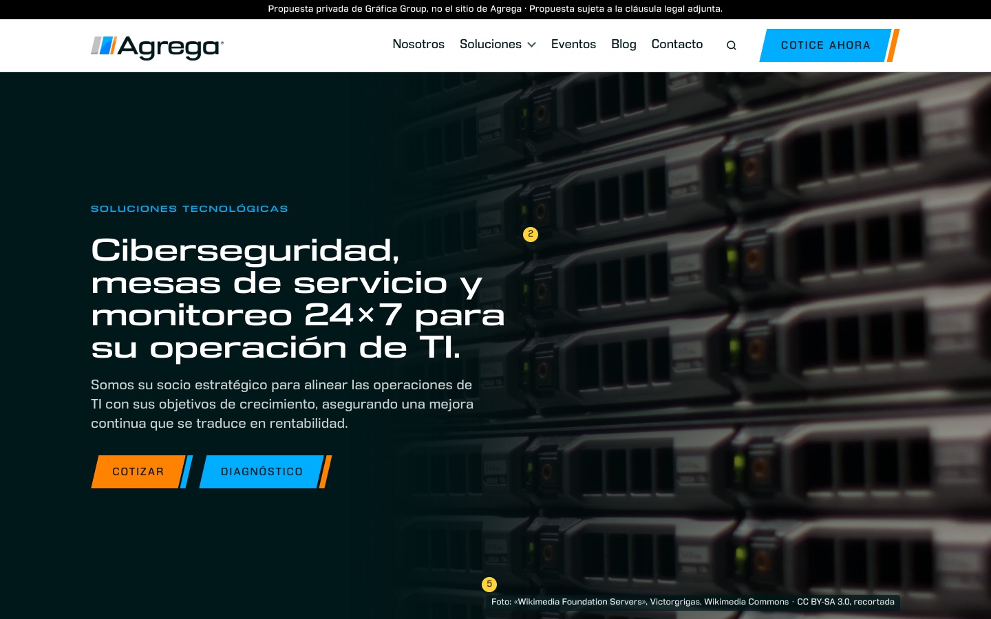 The Agrega homepage proposal: “Ciberseguridad, mesas de servicio y monitoreo 24×7 para su operación de TI.” over a dark photograph of server racks, with Cotizar and Diagnóstico buttons and two numbered note markers.