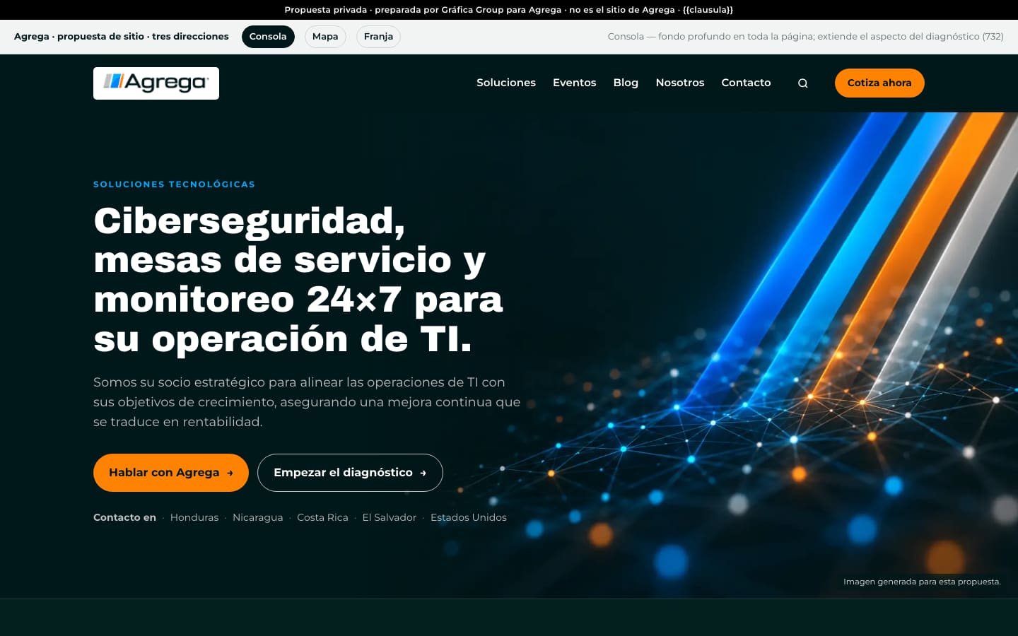 E1, Consola, at 1440 px: a review bar to switch between Consola, Mapa and Franja; the logo on a white plate; the headline beside four glowing bands rising out of a grid of points.