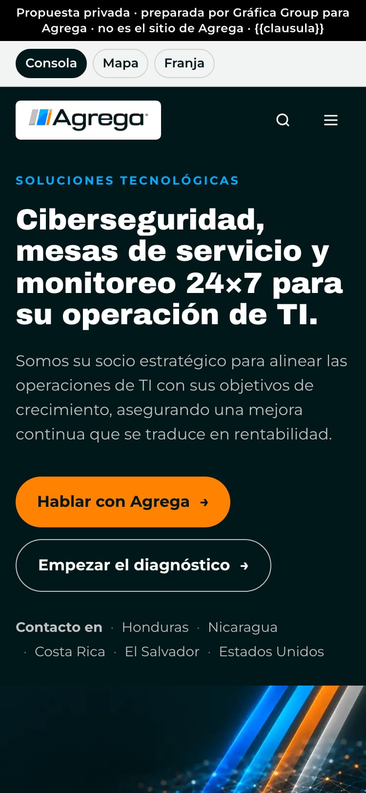 E1 on a phone: the Consola direction, dark, with the logo on a white plate, the headline and two rounded buttons, Hablar con Agrega and Empezar el diagnóstico.