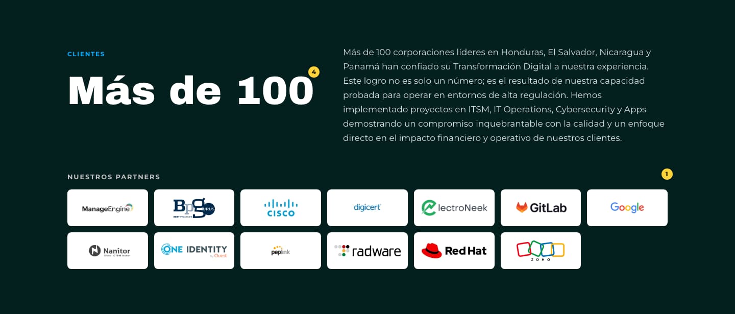E2 clients: Más de 100 in large type beside Agrega’s paragraph, and thirteen partner logos on white tiles over a dark ground.