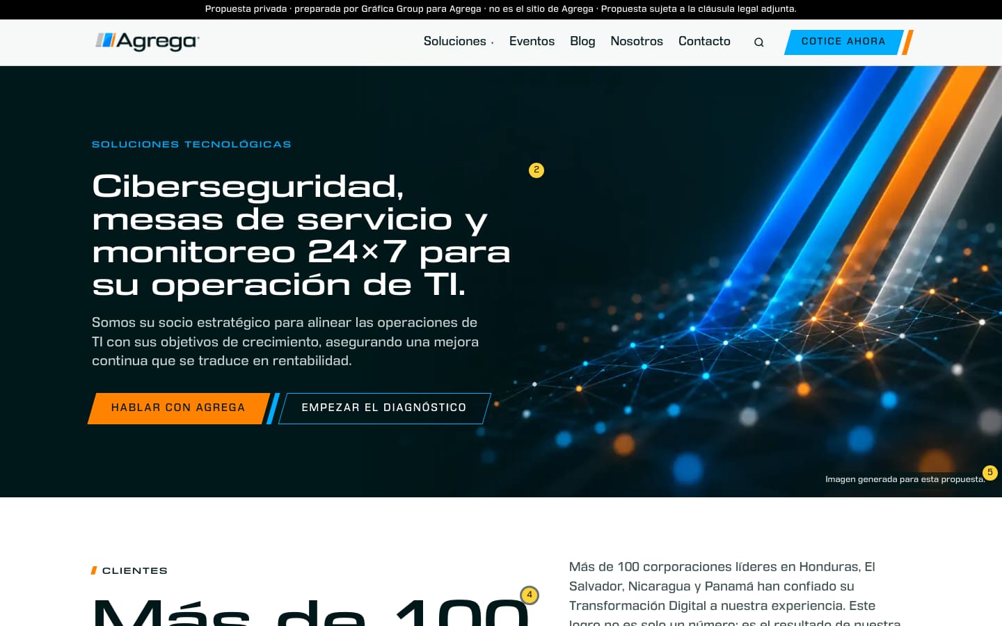 E3 at 1440 px: a white bar with the original logo, the headline in DDT Extended, slanted orange and outlined buttons, and a white clients section beginning below the hero.