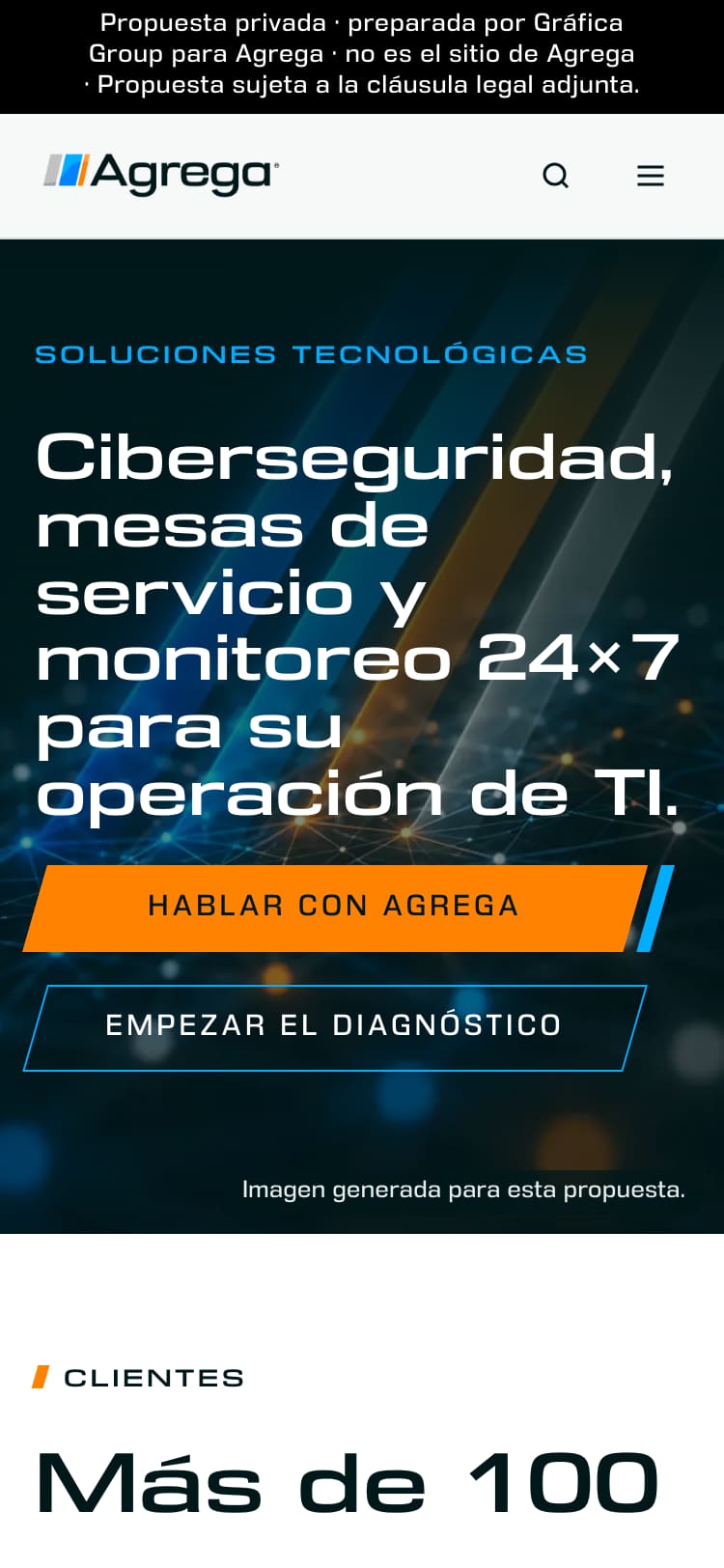 E3 on a phone: a white bar with the original logo, the headline in a wide typeface, and slanted orange and outlined buttons.