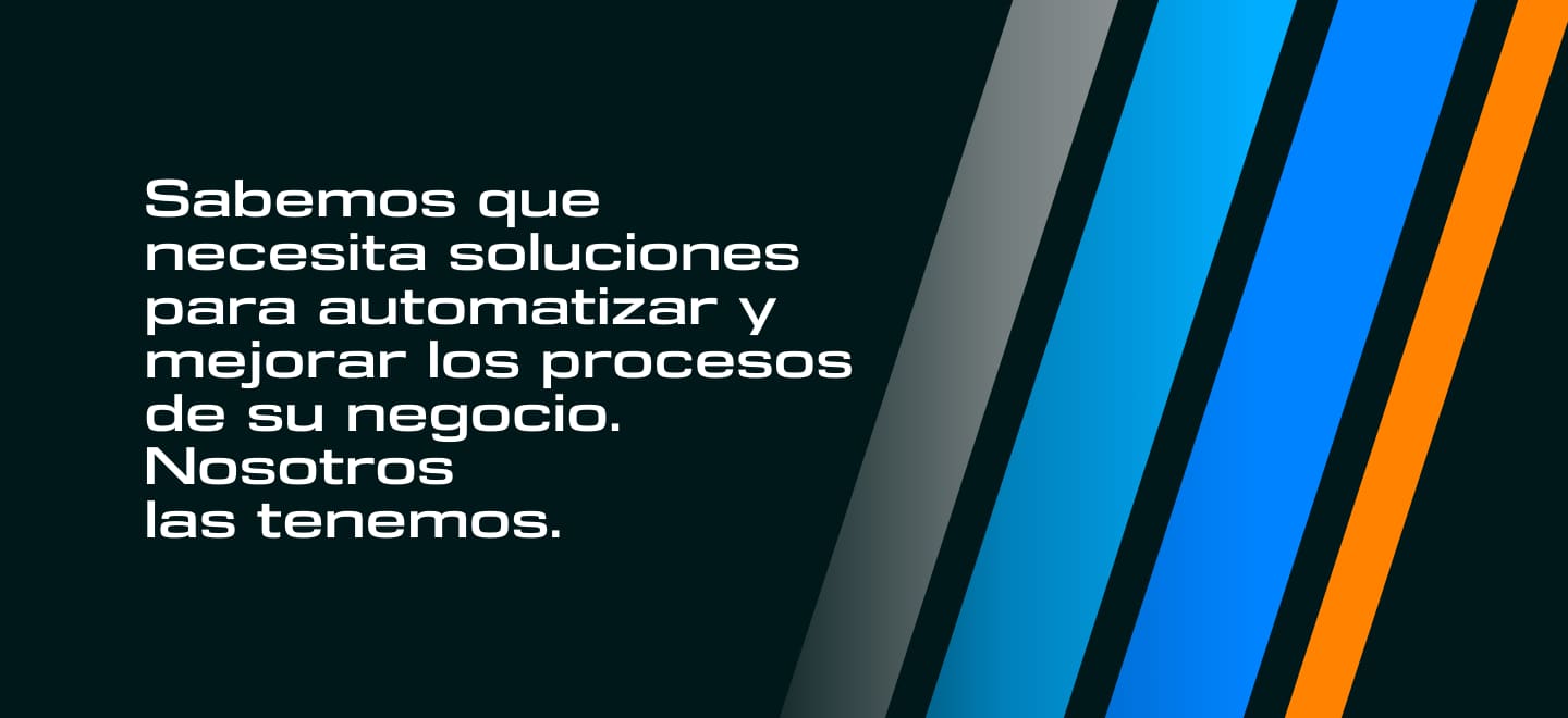 E3 band: Sabemos que necesita soluciones para automatizar y mejorar los procesos de su negocio. Nosotros las tenemos. Beside it, the logo’s four slashes in grey, cyan, blue and orange.