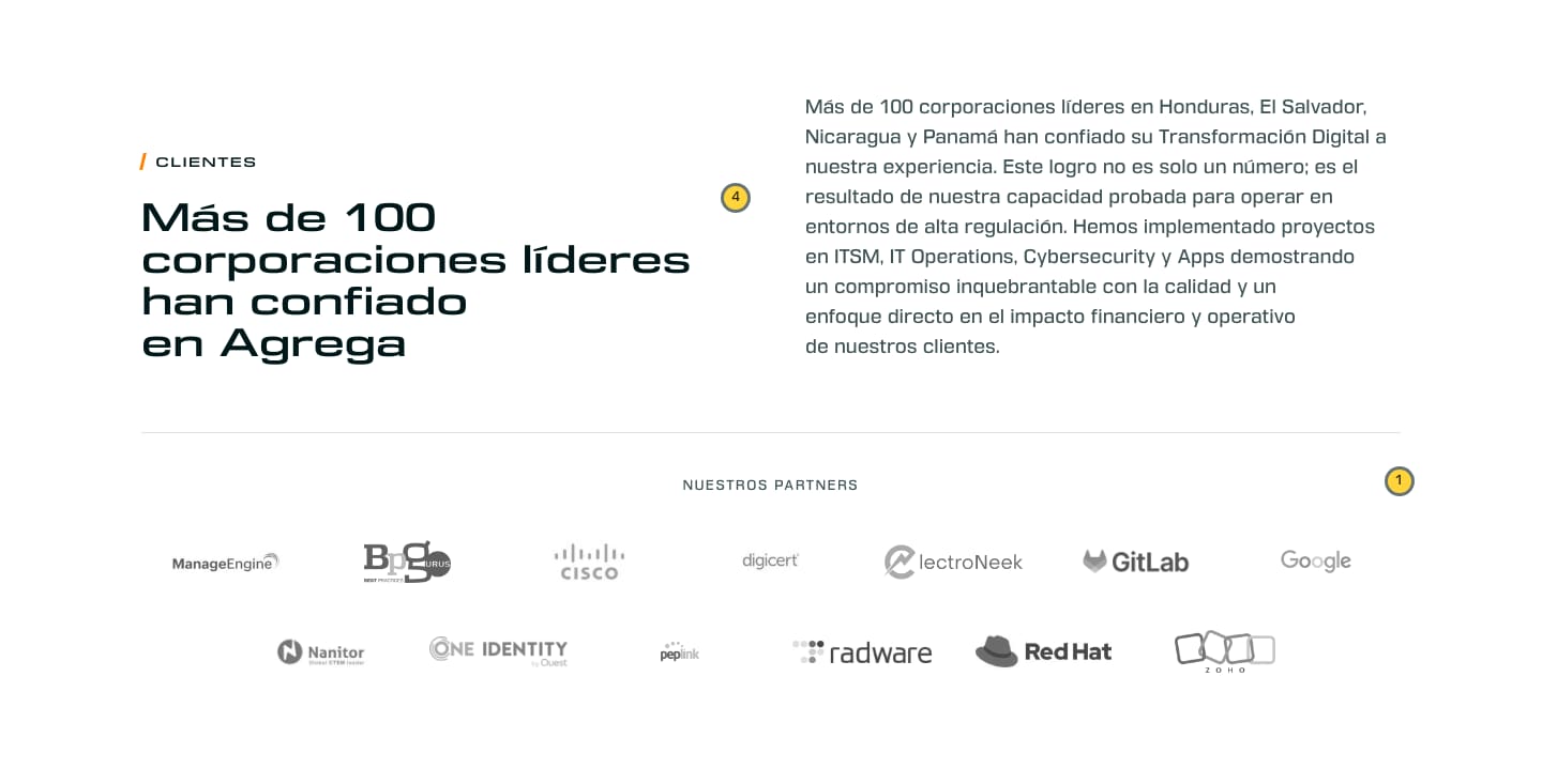 E4 clients: the heading Más de 100 corporaciones líderes han confiado en Agrega beside the paragraph, a rule, and the logos in grey in two centred rows.