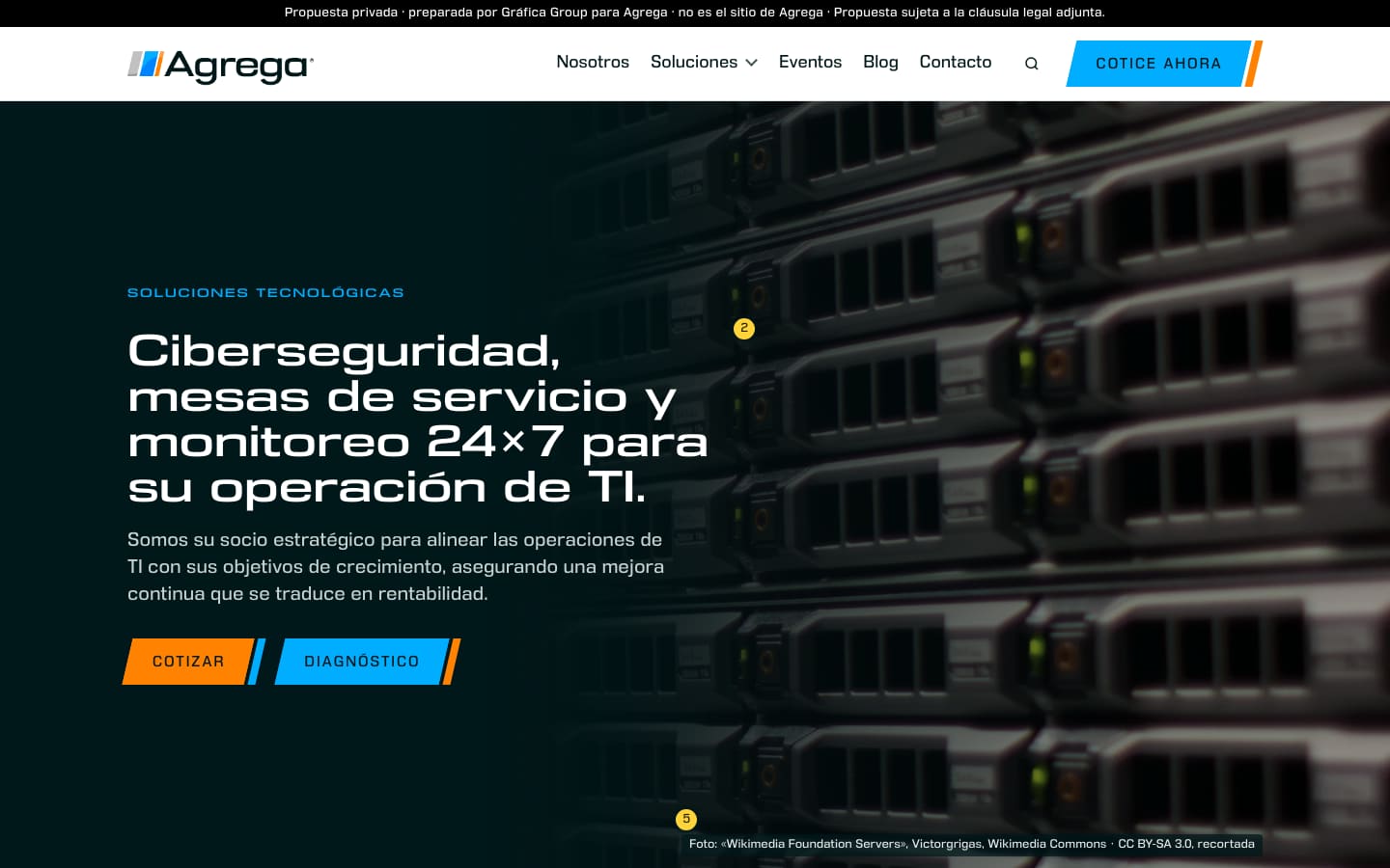 E5 at 1440 px: the nav in the order of the page’s sections, Nosotros first, and both hero buttons solid, orange and blue.