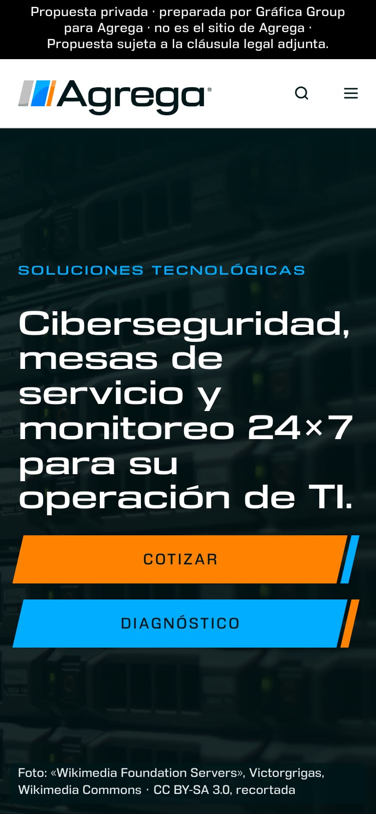 E5 on a phone: the same hero, with Diagnóstico now a solid blue button beside the solid orange Cotizar.