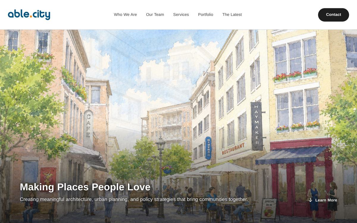 The able.city home page: a watercolour street scene under the line “Making Places People Love”.
