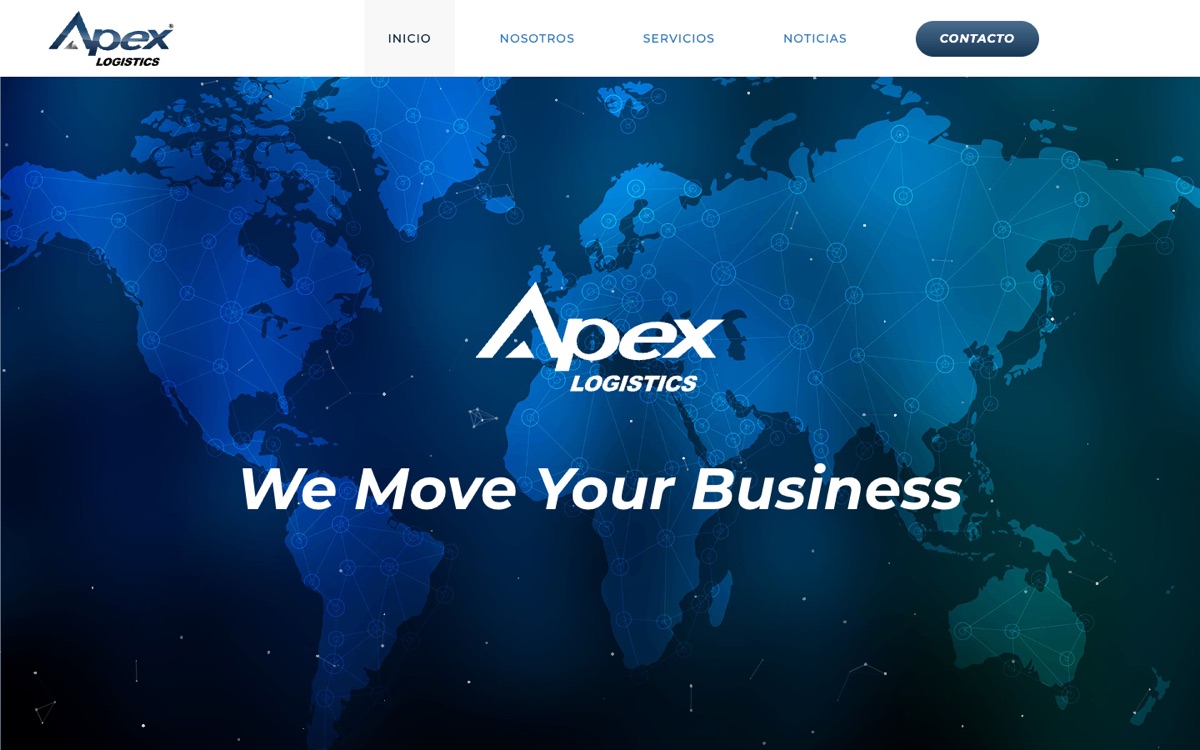The apexhn.com home page: the Apex Logistics logo and the line “We Move Your Business” over a world map.