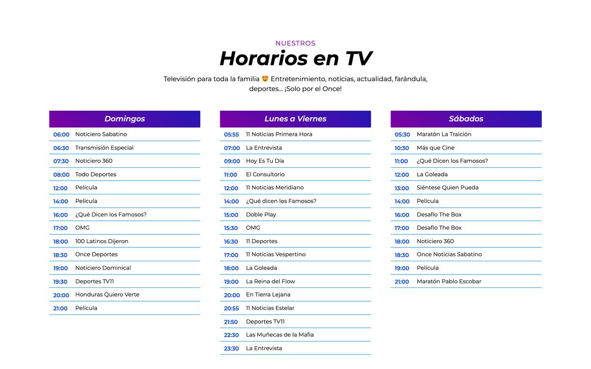 The canal11.hn programme page, “Horarios en TV”: the Sunday, weekday and Saturday schedules in three columns.