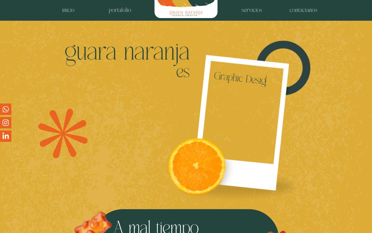 The guaranaranja.com home page: the agency's name in large type on an orange-yellow background, with an orange slice and a photo frame.