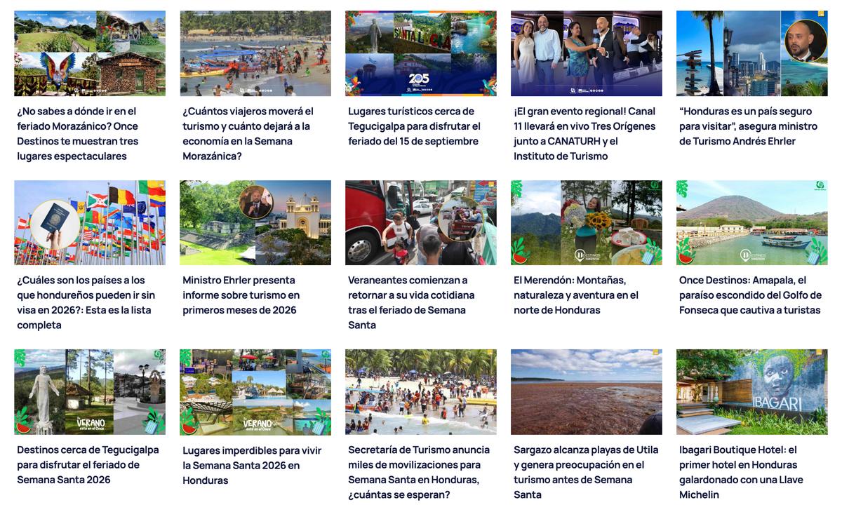 The oncenoticias.hn Turismo section: a grid of travel stories on Honduran beaches, mountains and towns.
