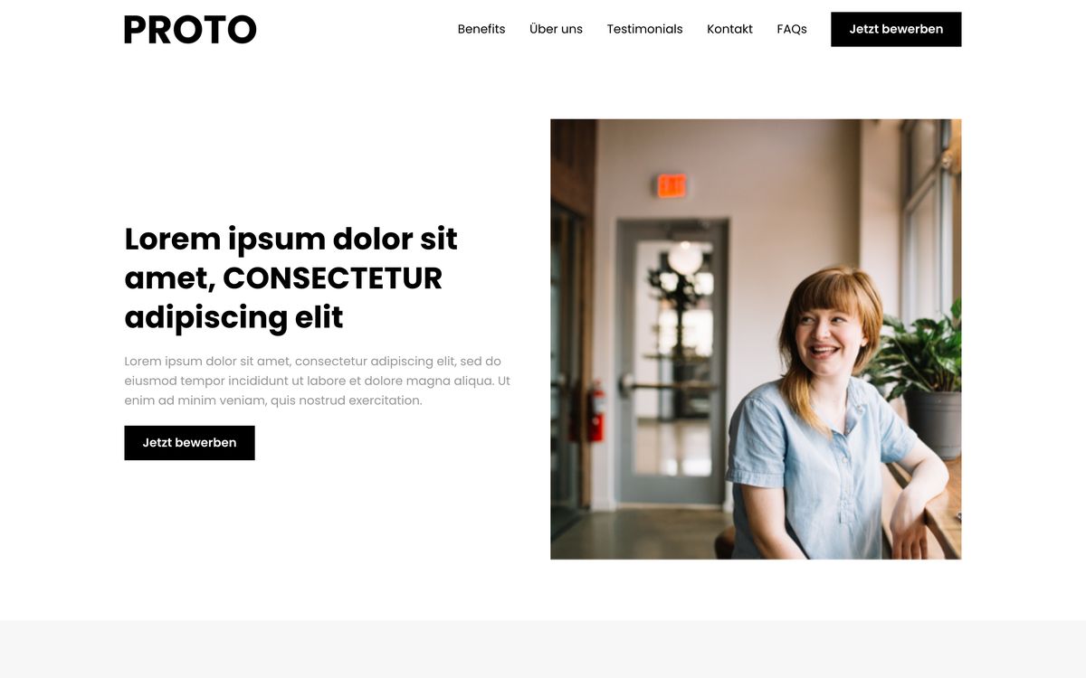 The Proto kit's career-site home page with the PROTO logo, placeholder text and a stock photo.