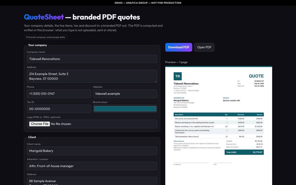 The QuoteSheet demo under a “Demo — not for production” ribbon: a form with sample company details beside a live preview of the branded PDF quote.
