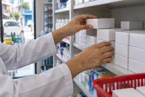 Manos con bata blanca acomodando cajas en un estante de farmacia