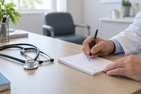 Mano de un médico escribiendo en un recetario, junto a un estetoscopio