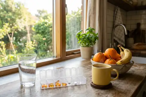 Mesa de cocina por la mañana: un vaso de agua, un pastillero con cápsulas y fruta